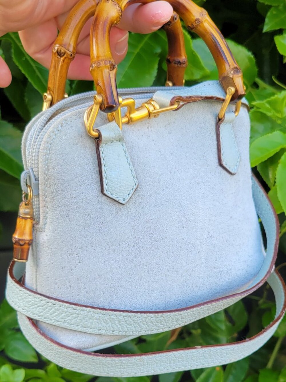 Vintage Rare Gucci Light Blue Suede Mini Bamboo Handle  Bag